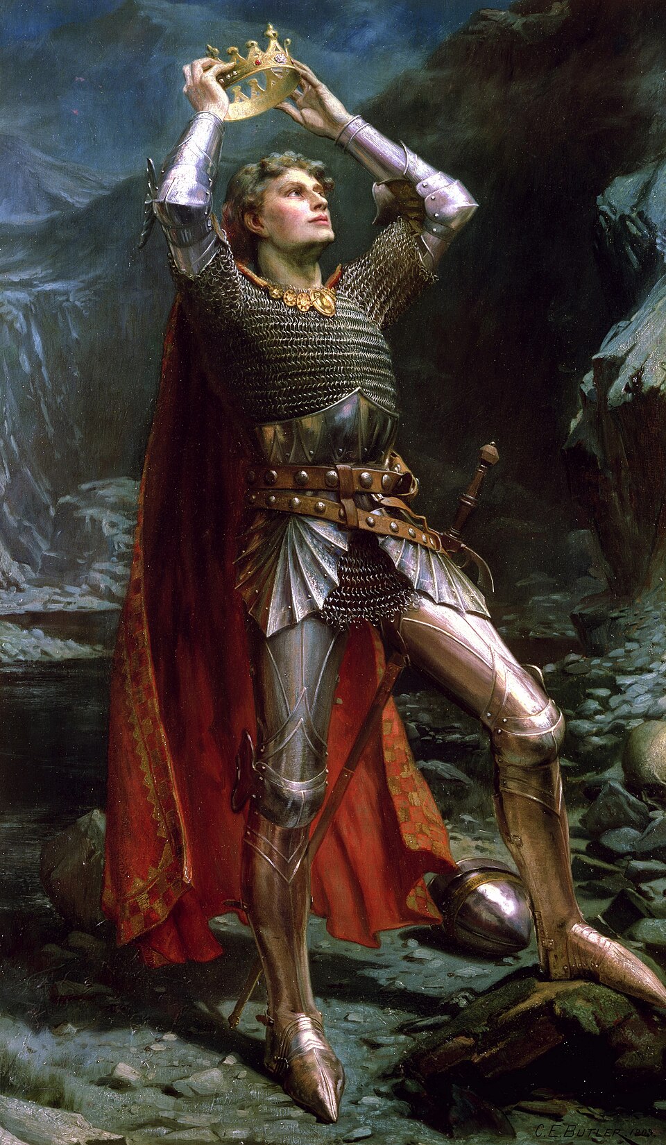 A young King Arthur in shining armour and a red cloak, holding a golden crown above his head