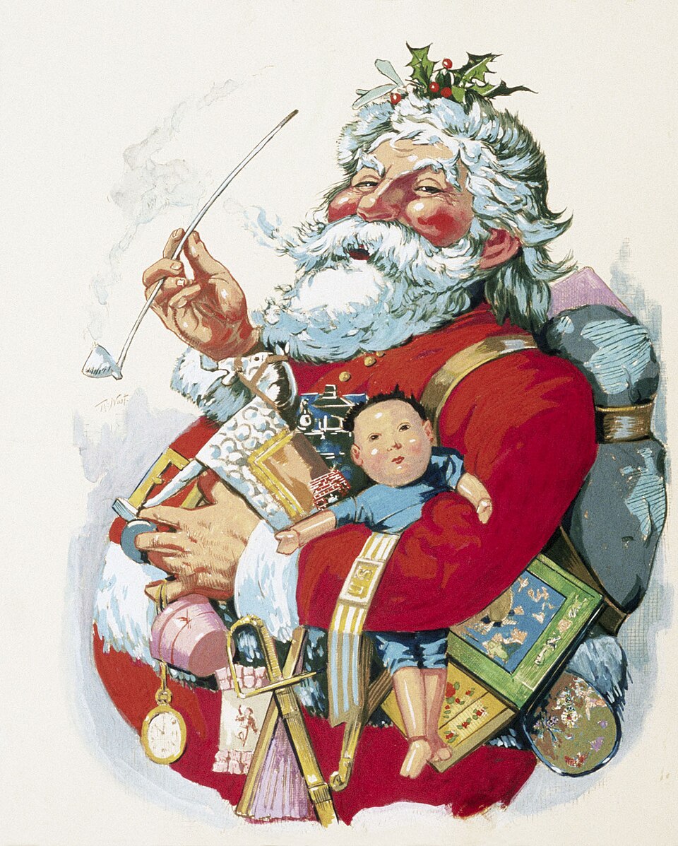 Santa Claus with his pipe and his arms full of toys